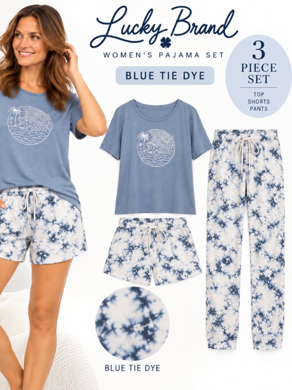 Lucky Brand 3 Piece Pajama Set Blue Tie Dye S NWT